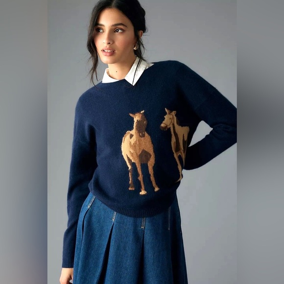 Anthropologie Sweaters - Anthropologie Maeve Intarsia Horse Cashmere Navy Sweater Size XL NWT